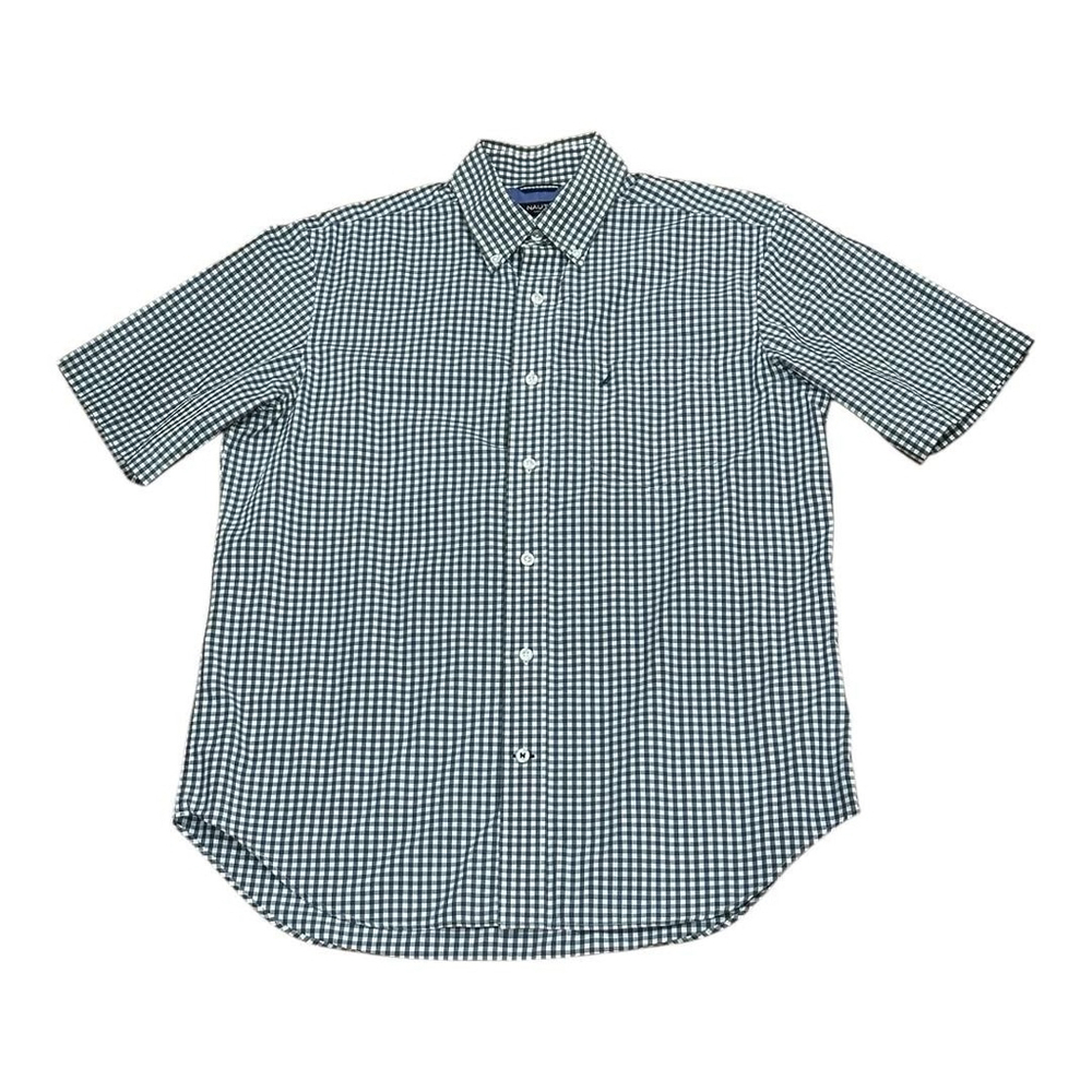 Nautica Shirt Mens Medium Blue White Gingham Short Sleeve Button Front Casual